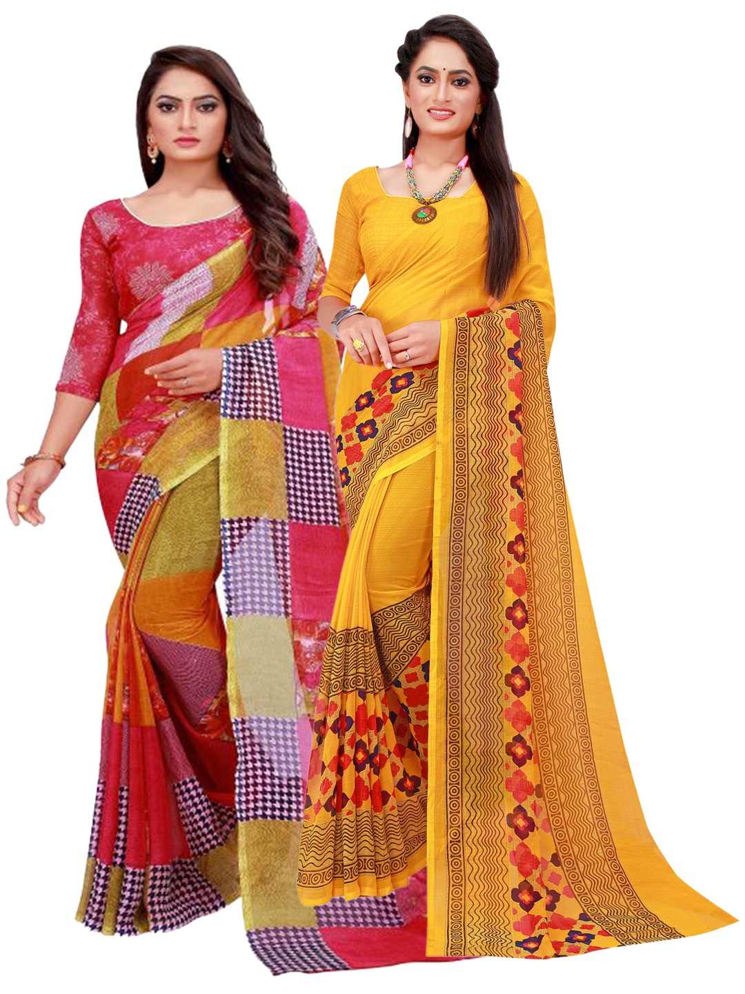 

KALINI Set of 2 Red & Yellow Pure Georgette Saree