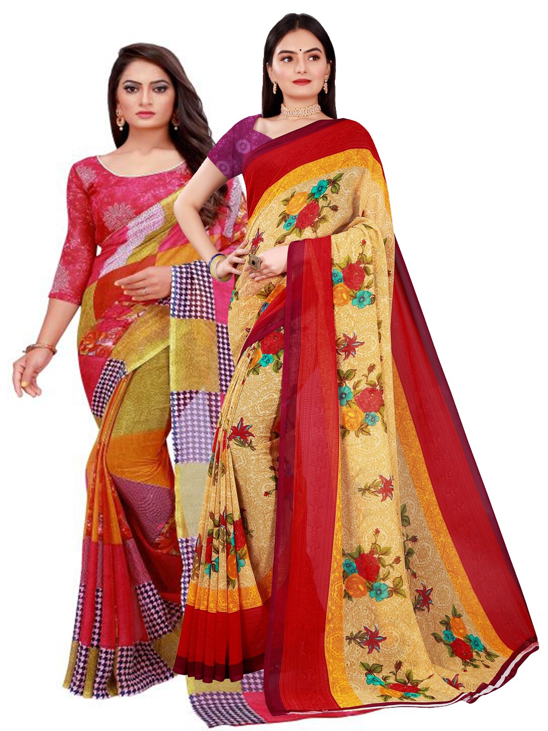 

KALINI Pack Of 2 Beige & Red Floral Georgette Saree