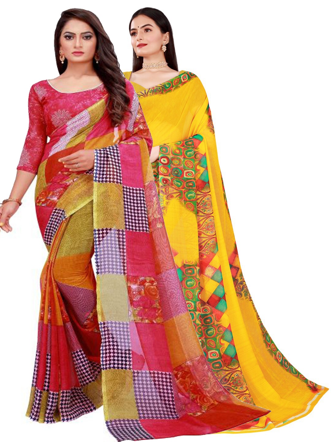 

KALINI Pack of 2 Red & Yellow Pure Georgette Saree