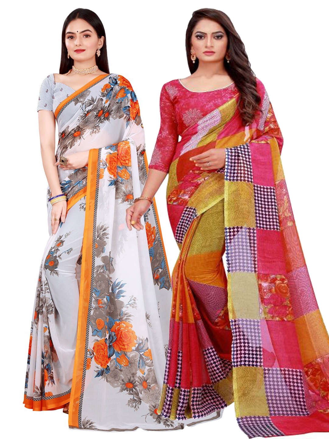 

KALINI Red & White Set of 2 Pure Georgette Saree