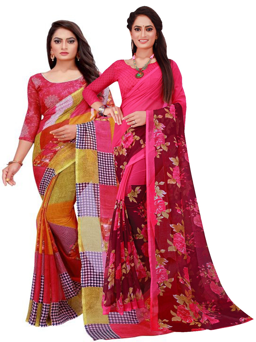 

KALINI Pack of 2 Red & Magenta Pure Georgette Saree