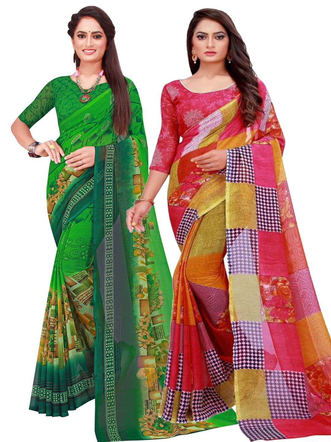 

KALINI Red & Green Pack f 2 Printed Pure Georgette Saree