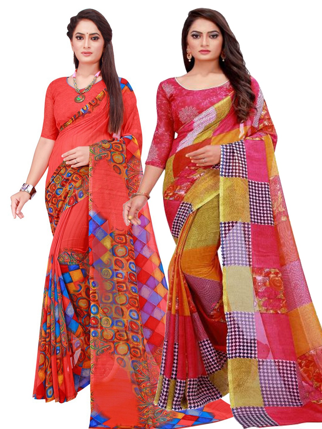 

KALINI Pack Of 2 Red & Pink Georgette Saree