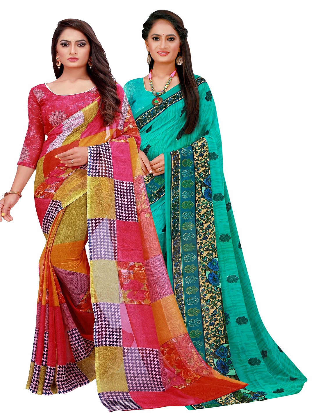

KALINI Red & Blue Set of 2 Pure Georgette Saree