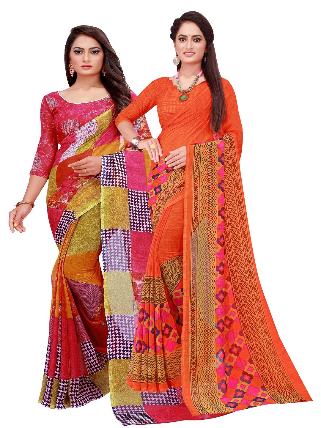 

KALINI Pack of 2 Orange & Red Pure Georgette Saree