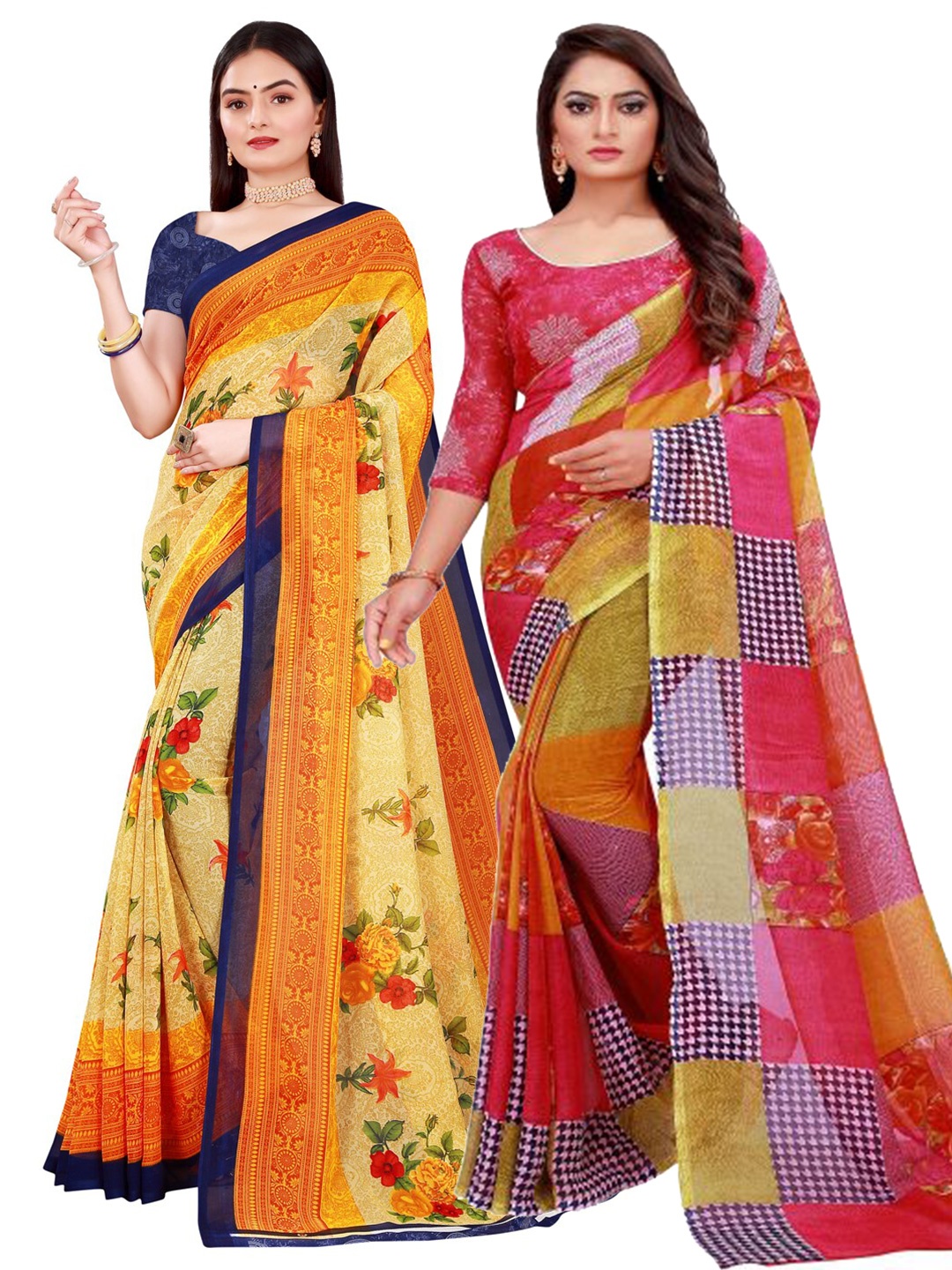 

KALINI Set of 2 Beige & Red Pure Georgette Saree