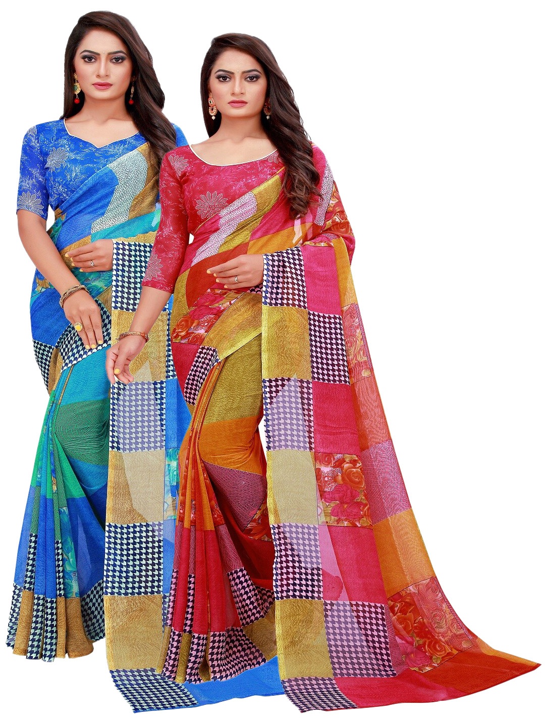 

KALINI Pack of 2 Blue & Red Pure Georgette Saree