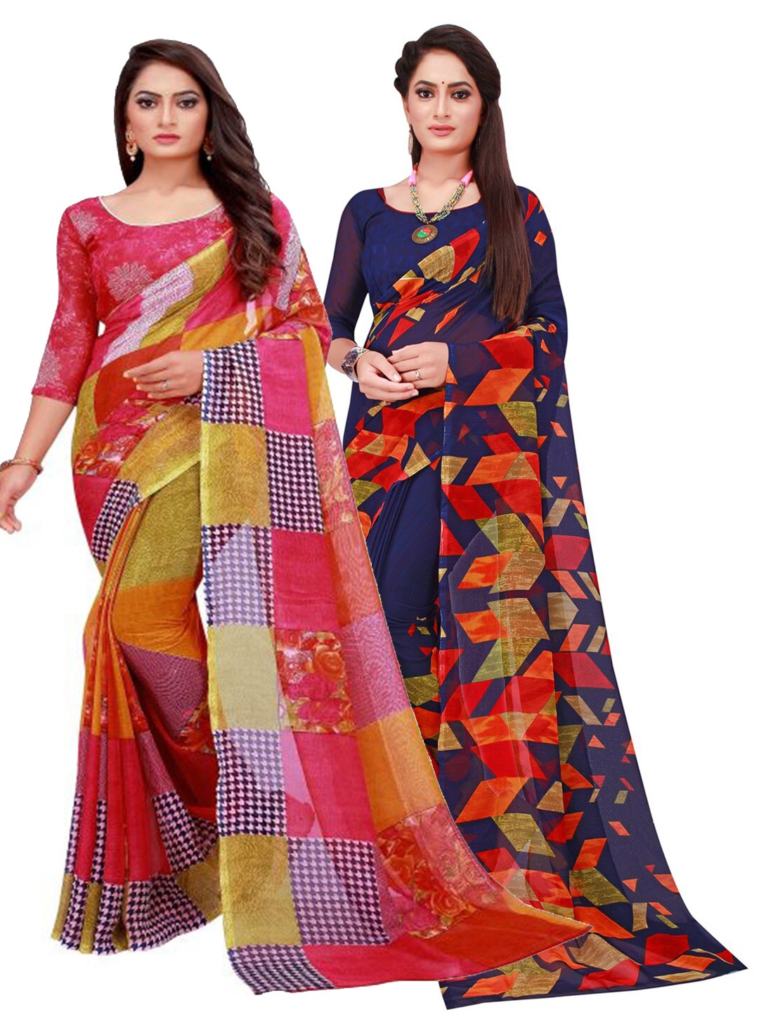 

KALINI Navy Blue & Red Pack f 2 Printed Pure Georgette Saree