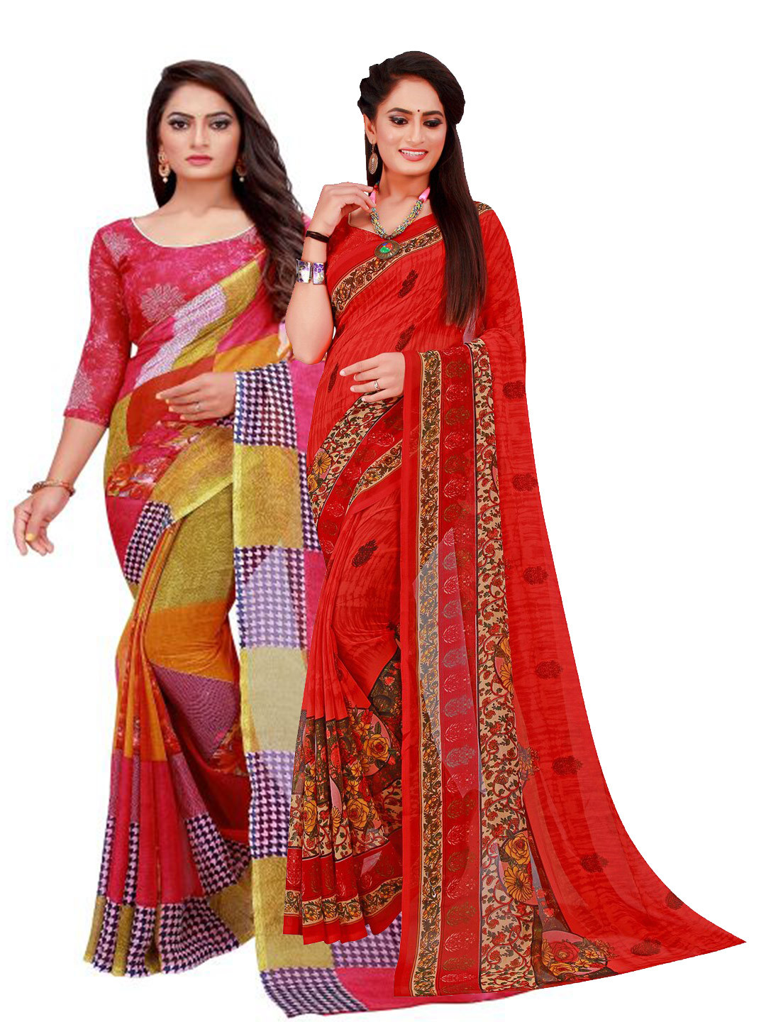 

KALINI Pack of 2 Red & Blue Pure Georgette Saree