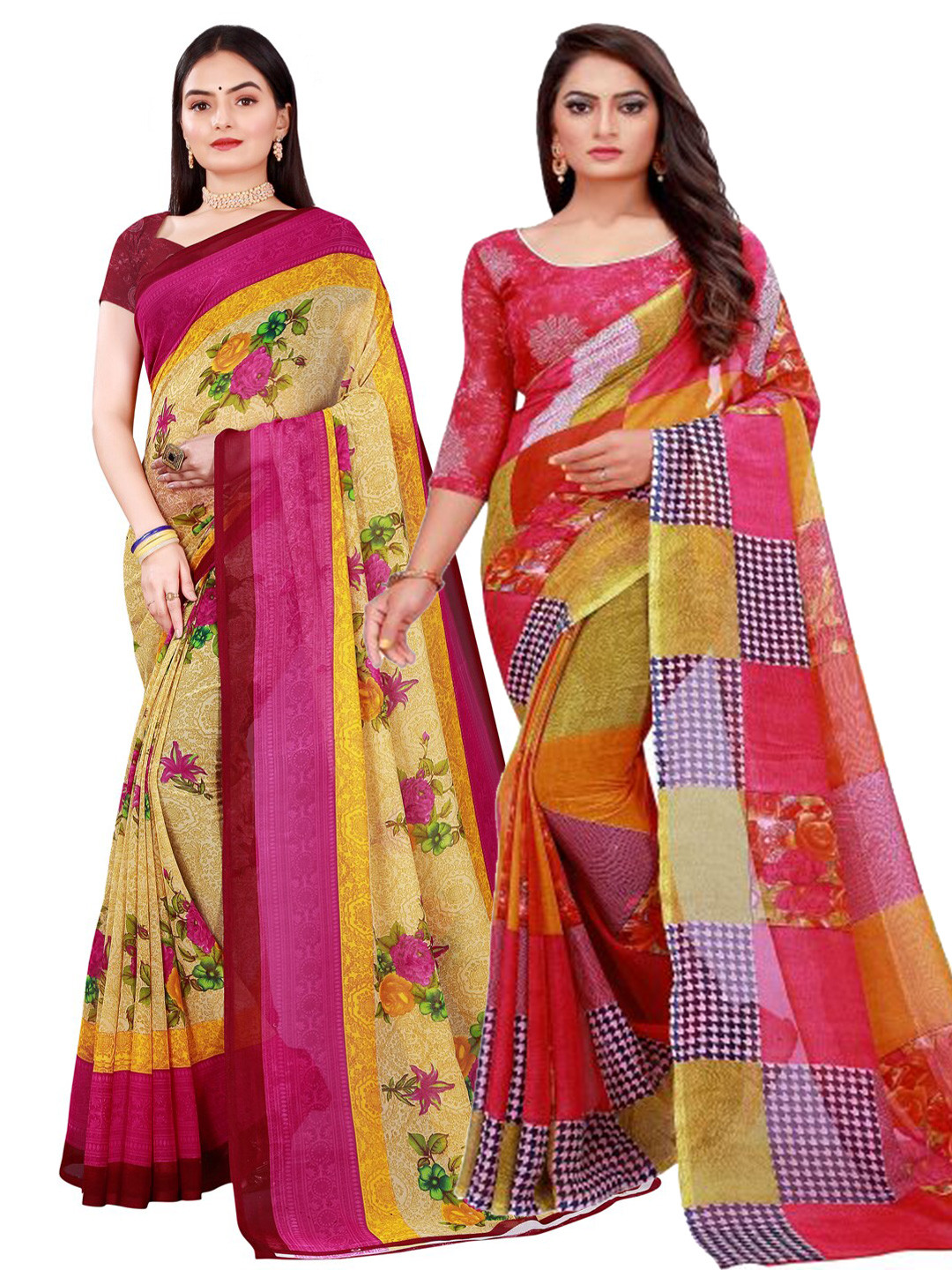 

KALINI Pack of 2 Beige & Red Pure Georgette Saree