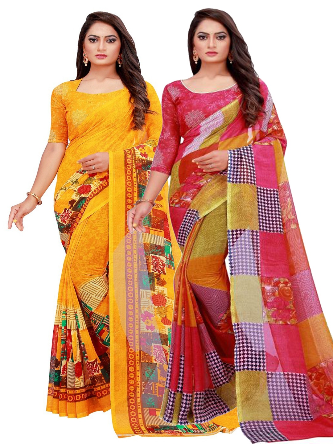 

KALINI Pack Of 2 Red & Yellow Pure Georgette Saree