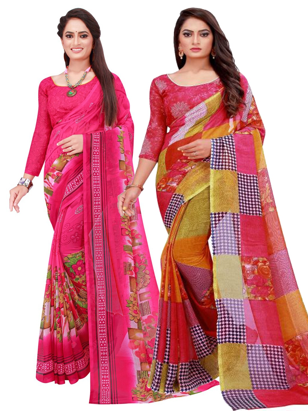 

KALINI Set of 2 Magenta & Red Pure Georgette Saree