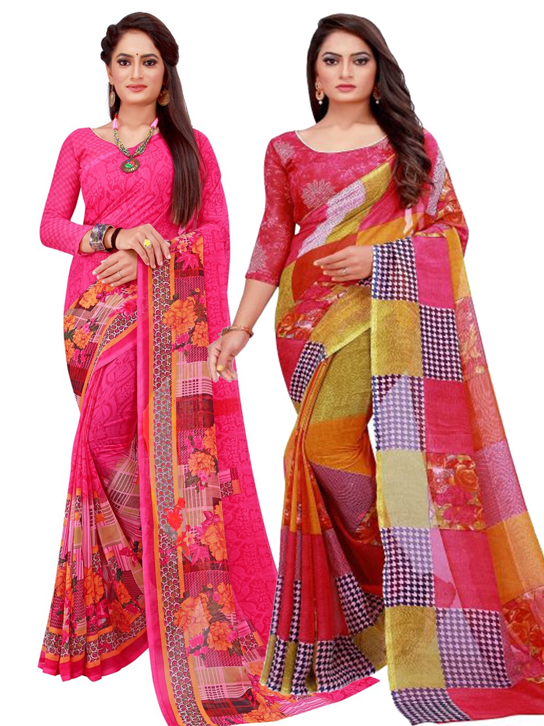 

KALINI Magenta & Red Pack f 2 Printed Pure Georgette Saree