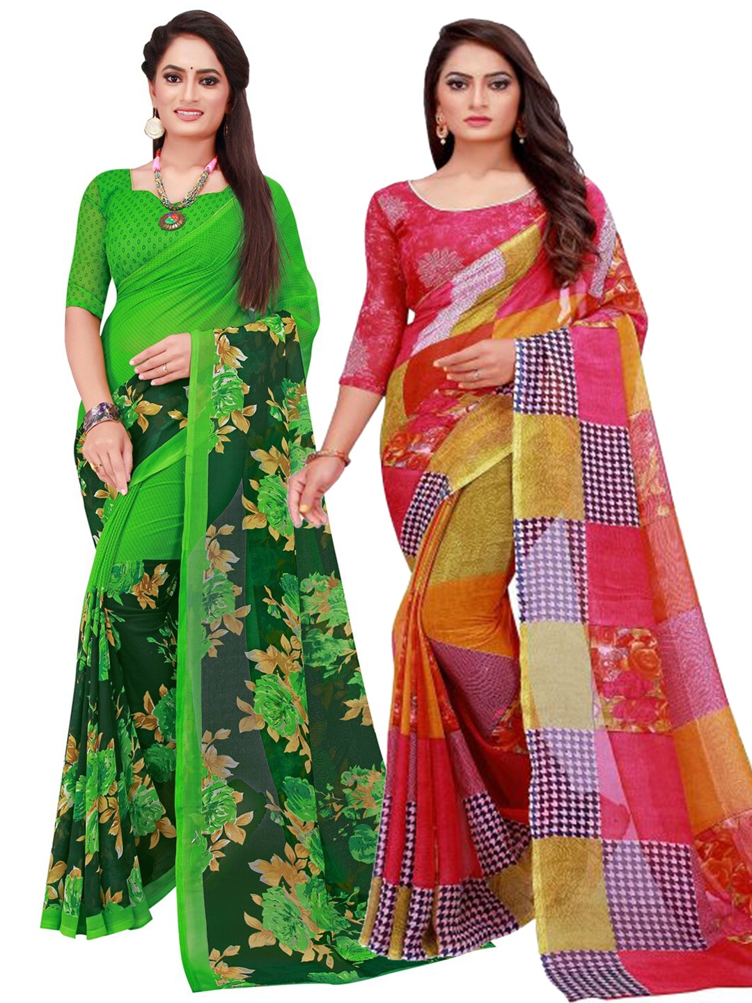 

KALINI Pack of 2 Red & Green Pure Georgette Saree
