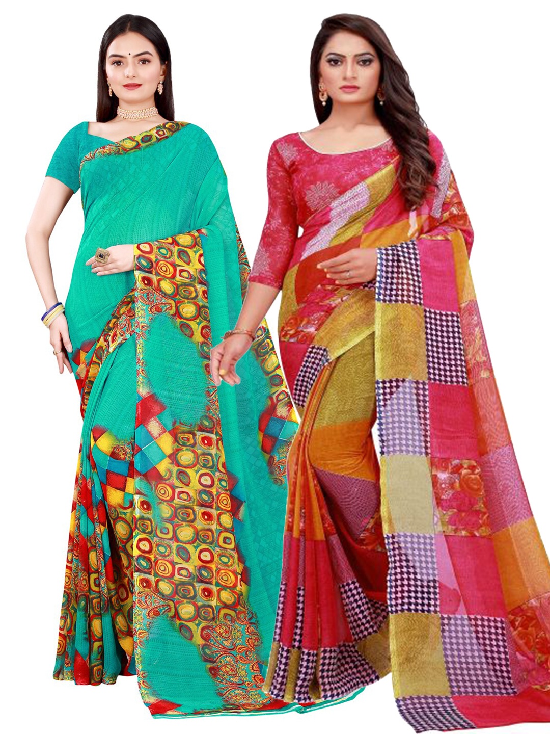 

KALINI Red & Green Set of 2 Pure Georgette Saree