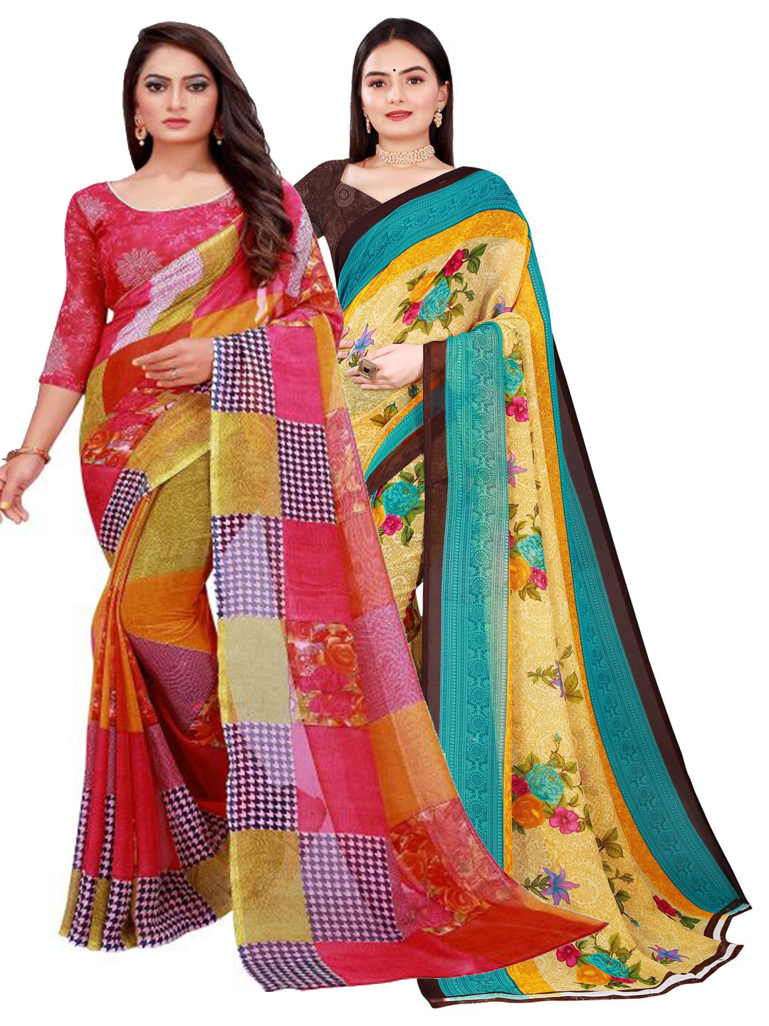 

KALINI Pack Of 2 Red & Beige Pure Georgette Saree