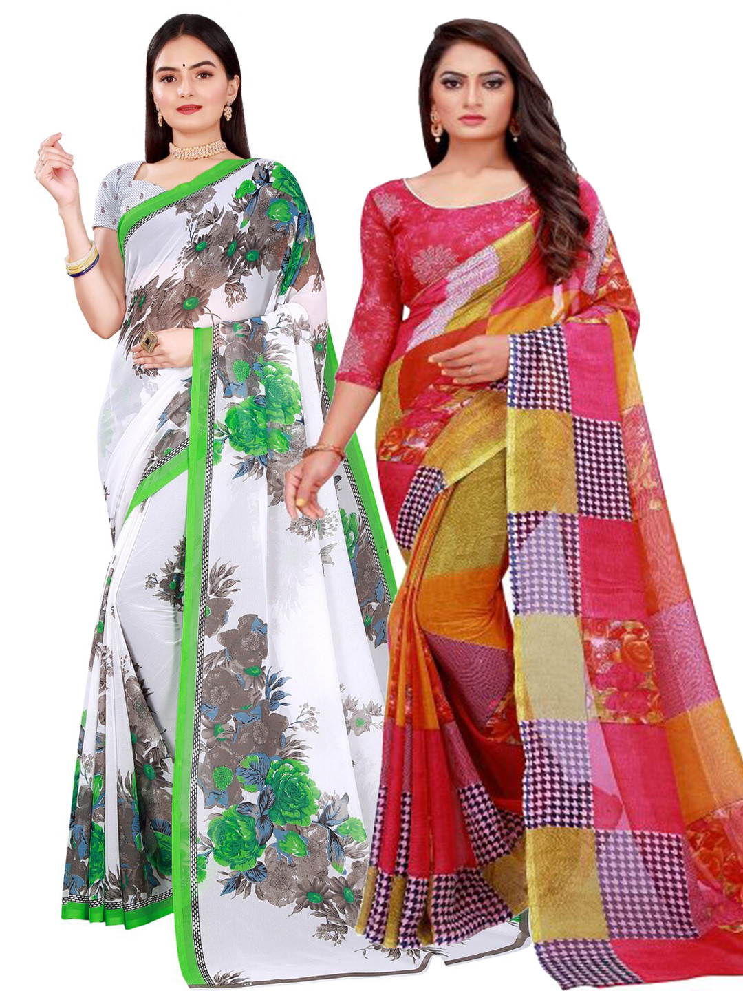

KALINI Set of 2 Red & White Pure Georgette Saree