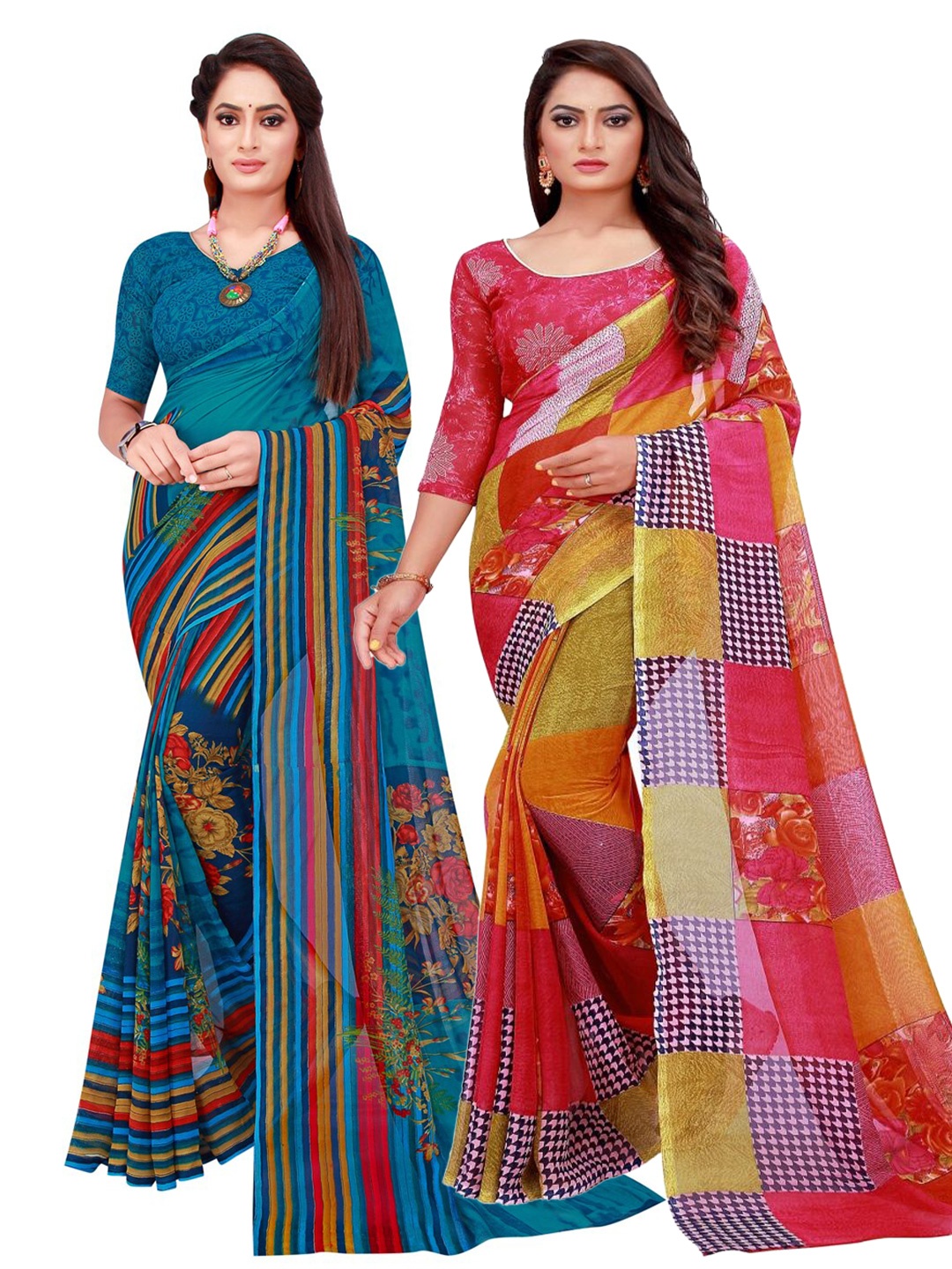 

KALINI Red & Blue Pure Georgette Saree