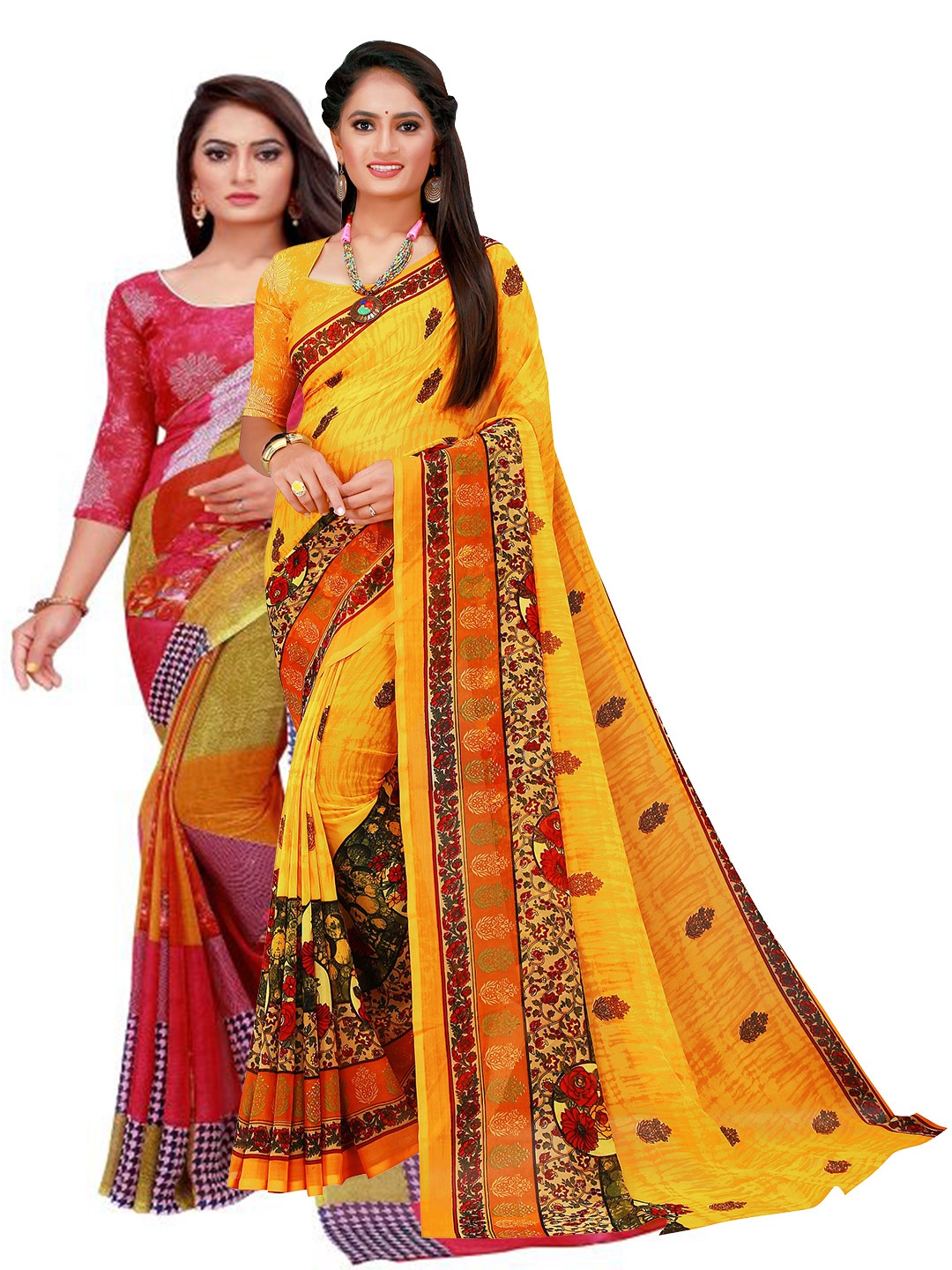 

KALINI Pack of 2 Red & Yellow Pure Georgette Saree