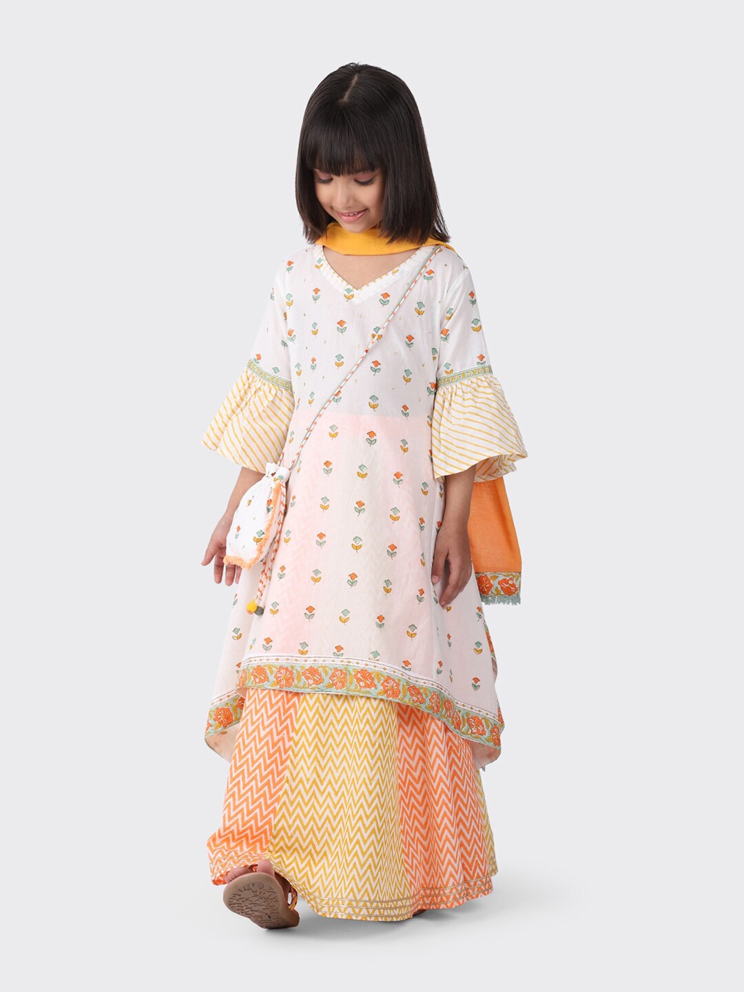 

Fabindia Girls White & Yellow Printed Ready to Wear Lehenga Choli Set