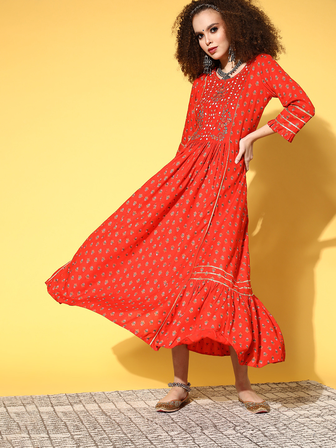 

Kvsfab Women Red Ethnic Motifs Embroidered Sequinned A-Line Maxi Dress