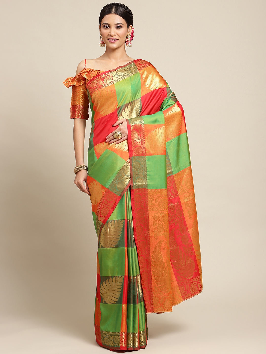 

Mitera Red & Green Ethnic Motif Woven Design Silk Blend Patola Saree