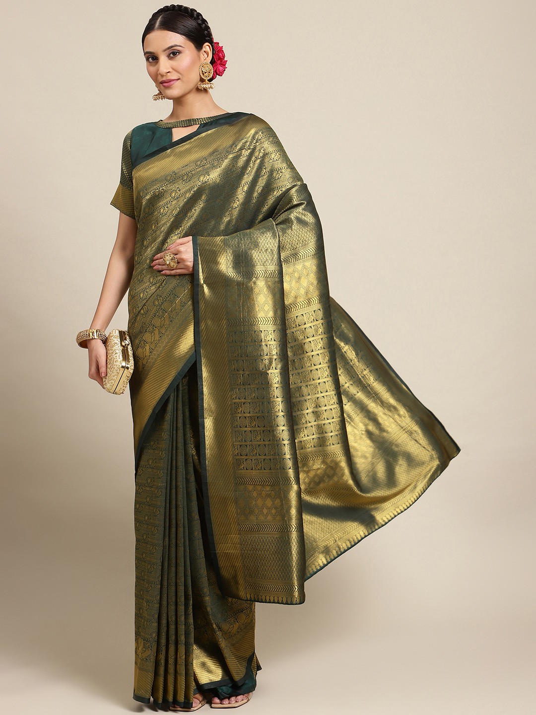 

Mitera Green & Gold-Toned Ethnic Motif Woven Design Silk Blend Kanjeevaram Saree
