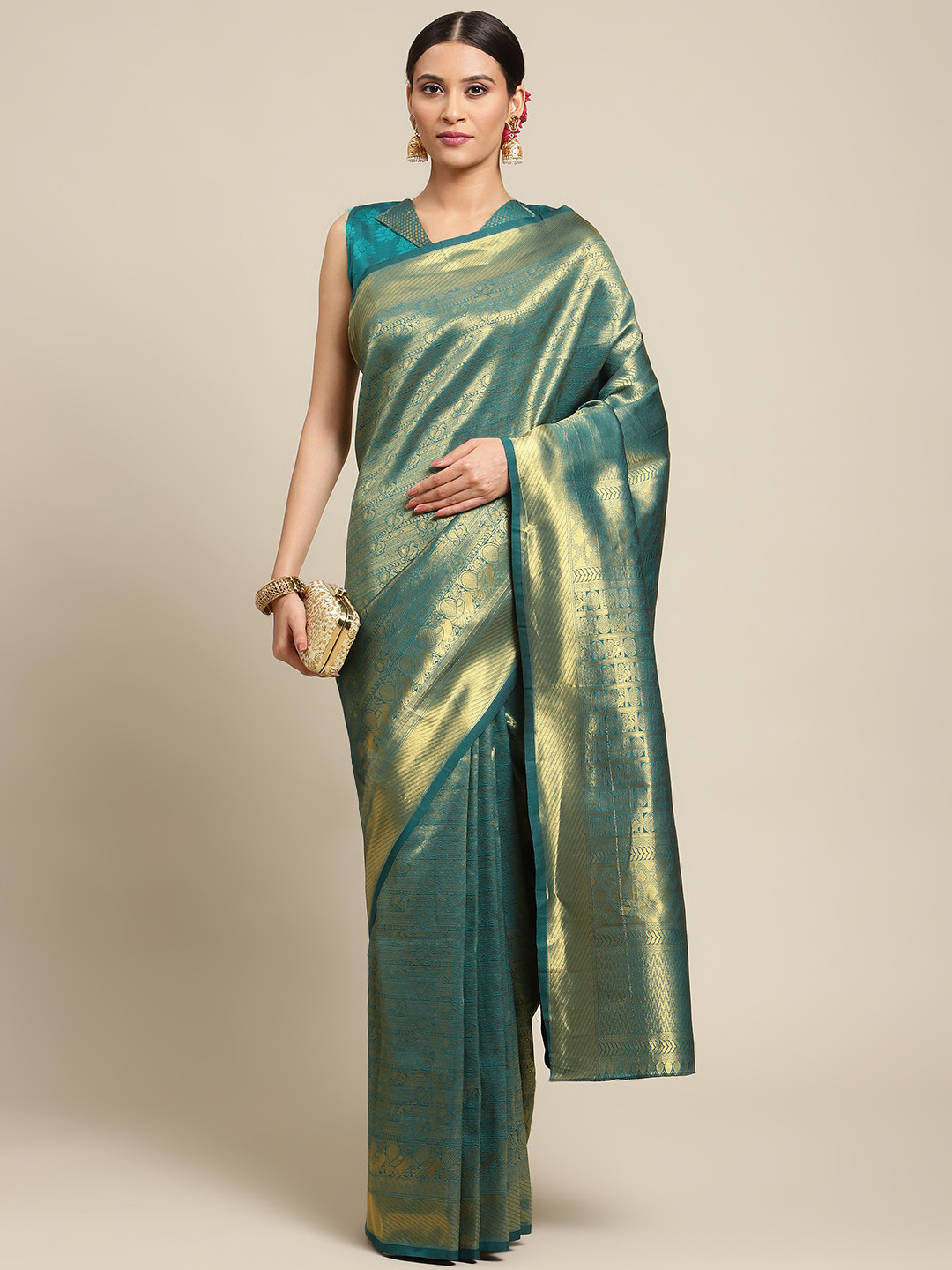 

Mitera Green & Gold-Toned Ethnic Motif Woven Design Silk Blend Kanjeevaram Saree