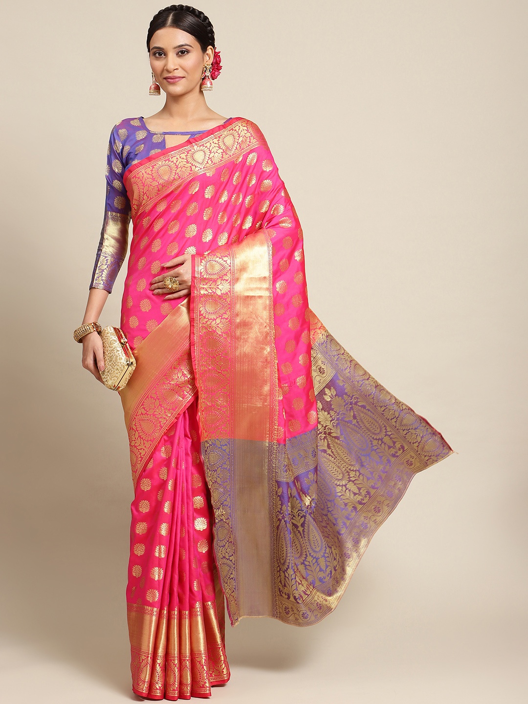 

Mitera Pink & Gold-Toned Ethnic Motif Woven Design Silk Blend Banarasi Saree