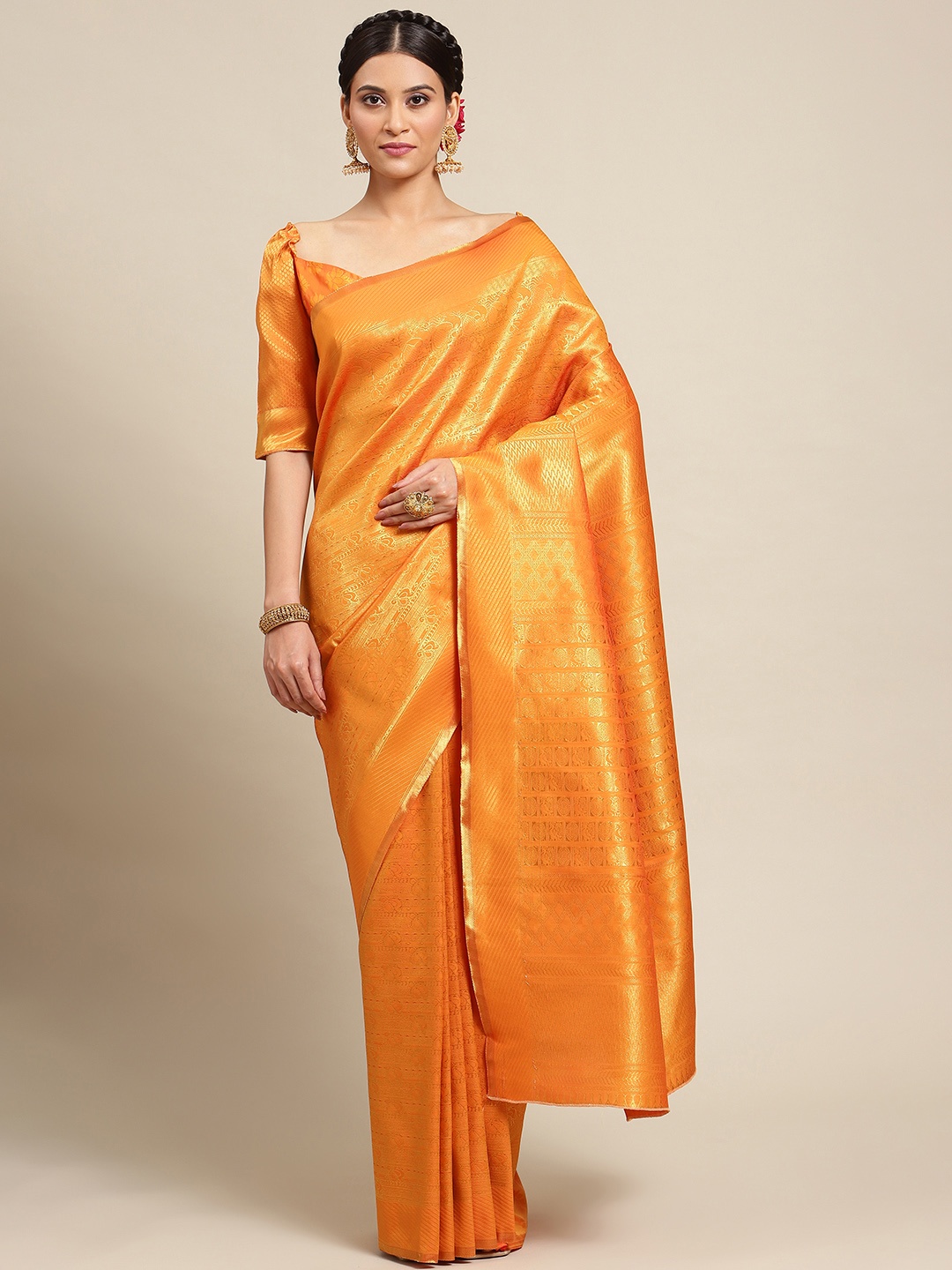 

Mitera Mustard & Gold-Toned Ethnic Motif Woven Design Silk Blend Kanjeevaram Saree