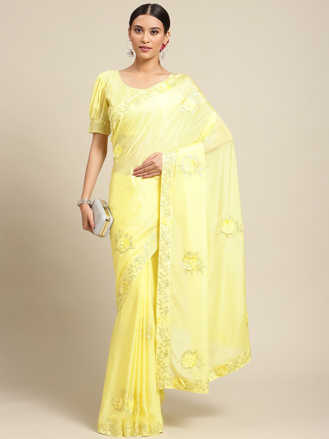 

Mitera Yellow Floral Embellished Embroidered Saree
