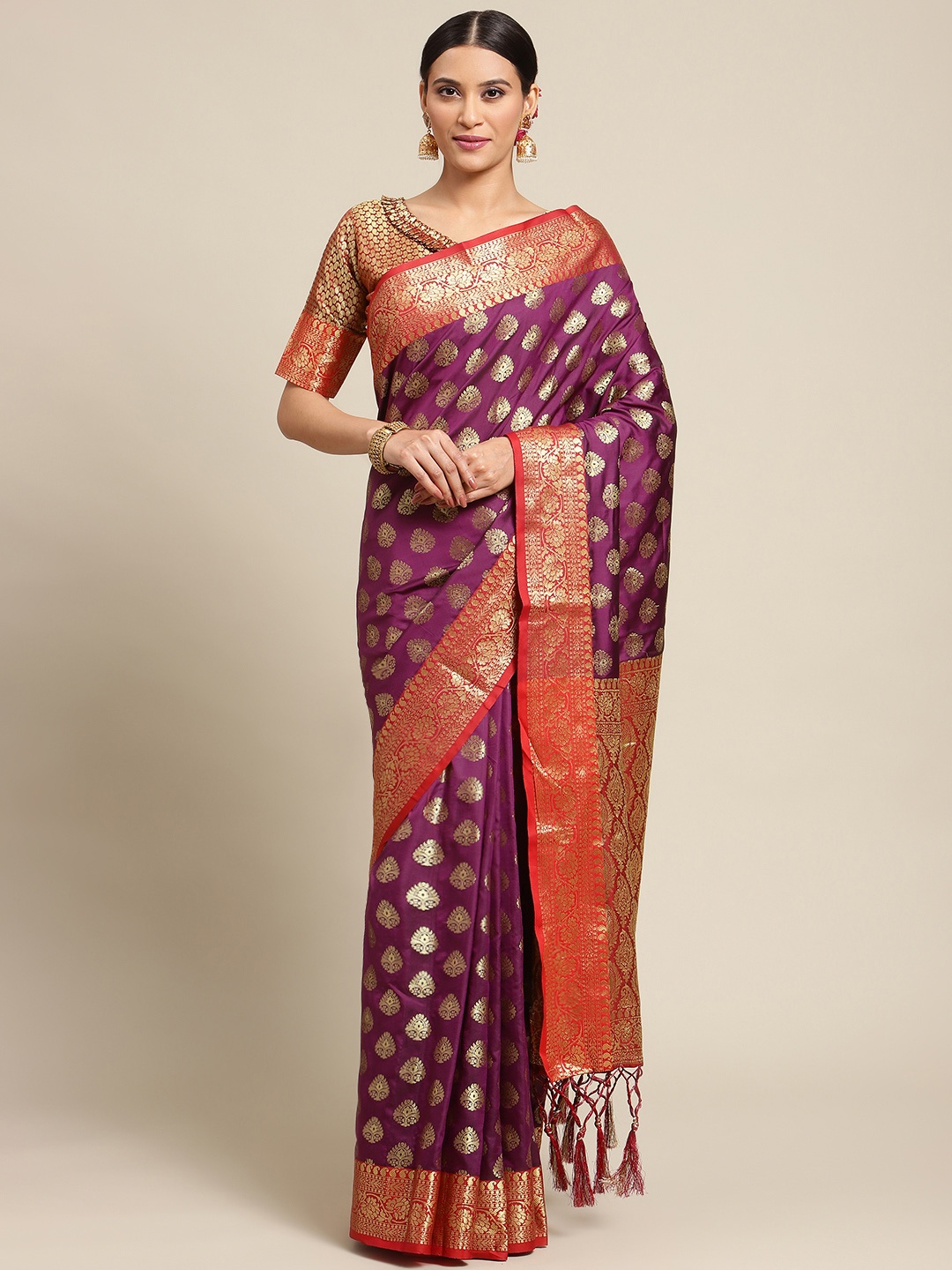 

Mitera Purple & Gold-Toned Ethnic Motif Woven Design Silk Blend Banarasi Saree