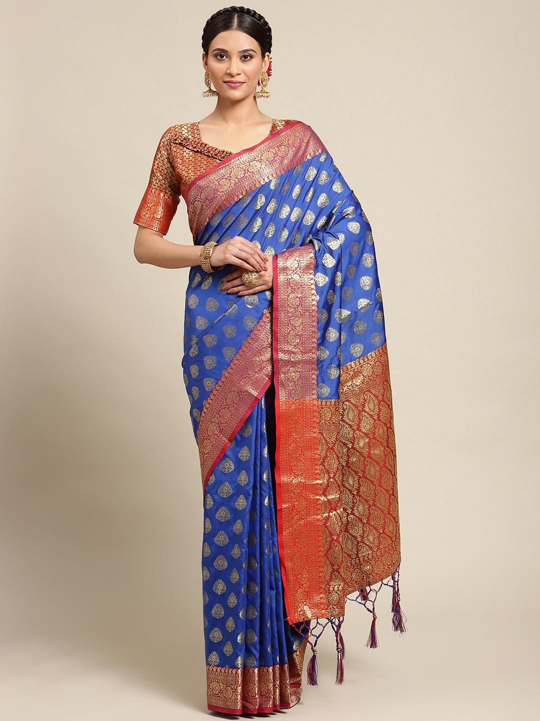 

Mitera Blue & Gold-Toned Ethnic Motif Woven Design Silk Blend Banarasi Saree