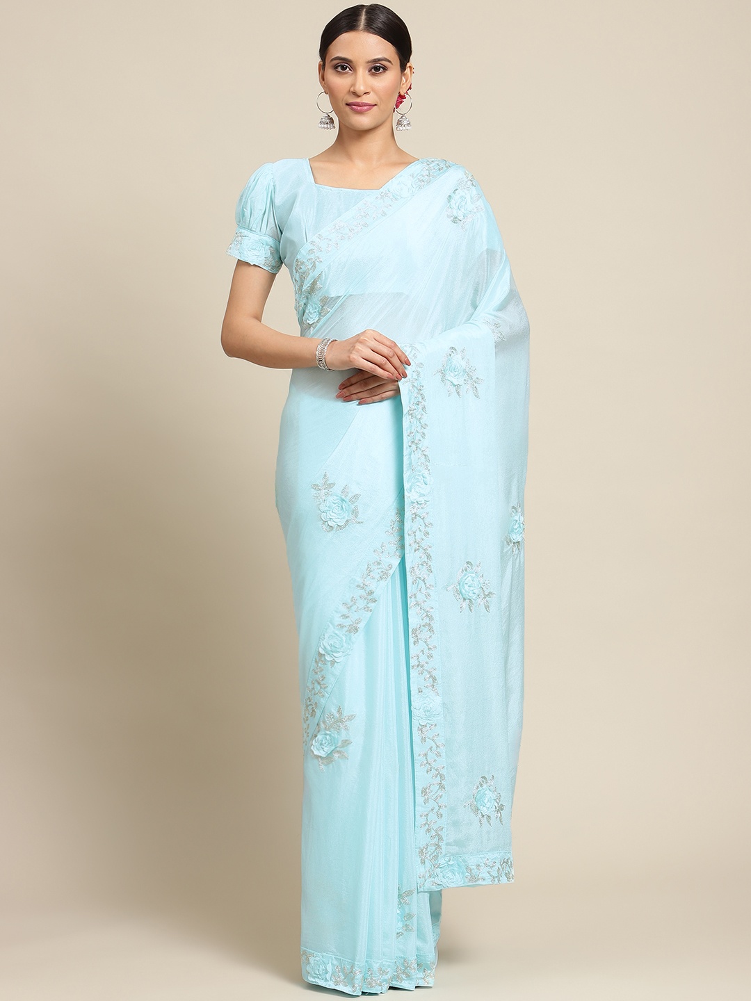 

Mitera Blue Floral Embellished Embroidered Saree