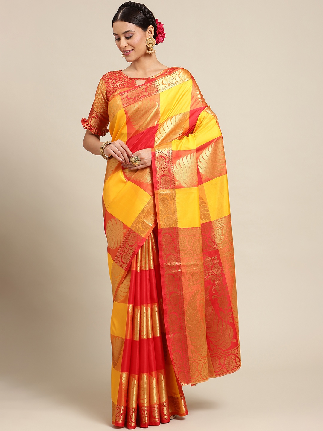 

Mitera Yellow & Orange Ethnic Motif Woven Design Silk Blend Banarasi Saree