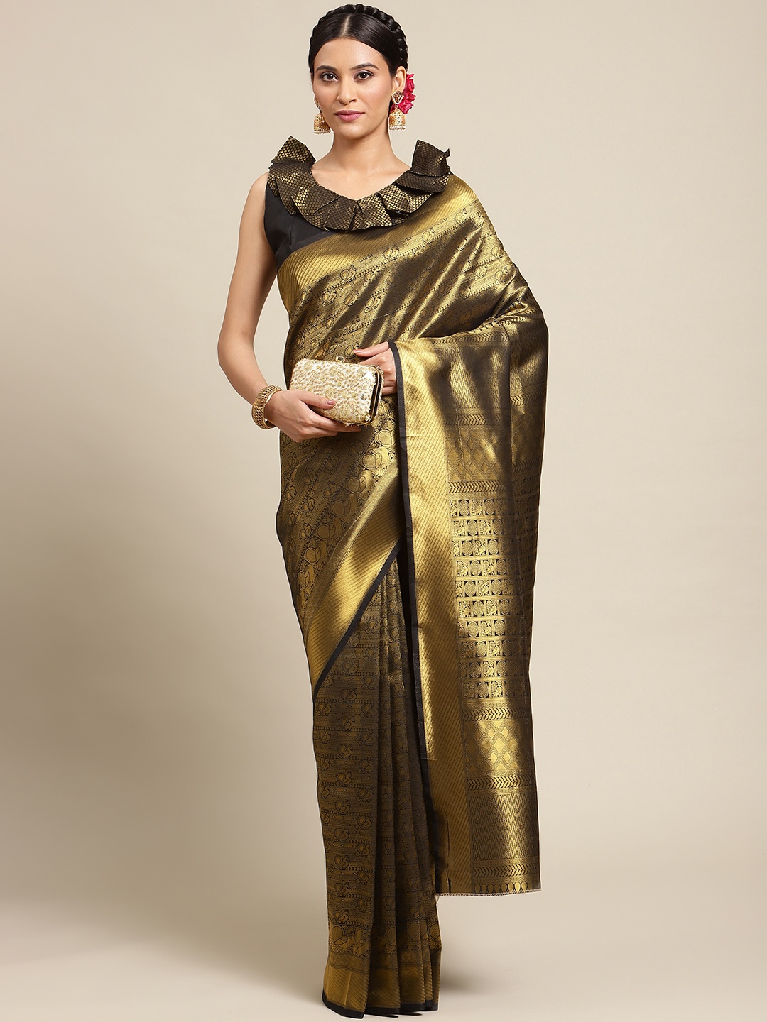 

Mitera Black & Gold-Toned Ethnic Motif Woven Design Silk Blend Kanjeevaram Saree