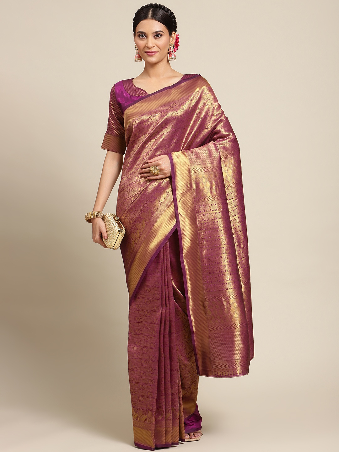 

Mitera Purple & Gold-Toned Ethnic Motif Woven Design Silk Blend Kanjeevaram Saree