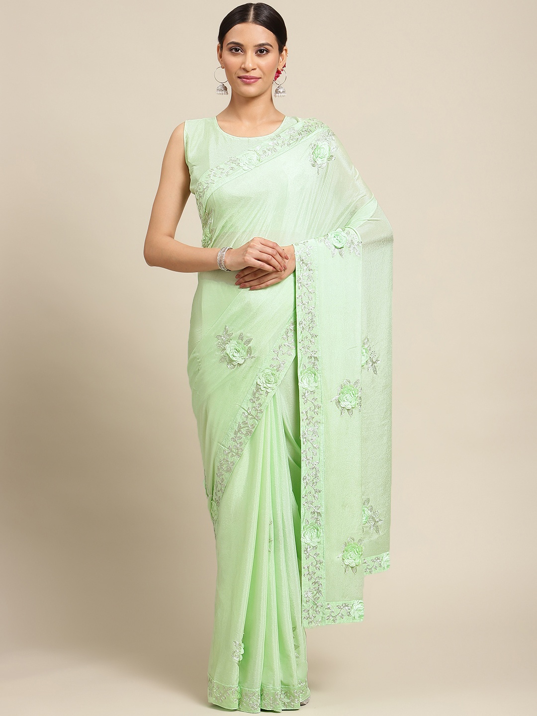 

Mitera Green Floral Embellished Embroidered Saree