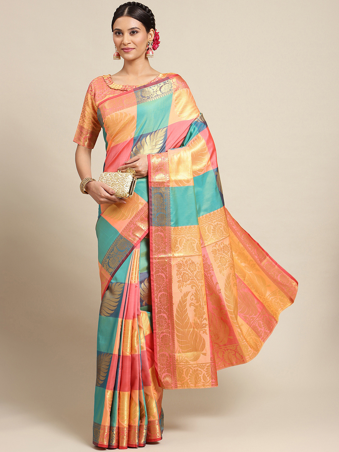 

Mitera Sea Green & Blue Ethnic Motif Woven Design Silk Blend Banarasi Saree