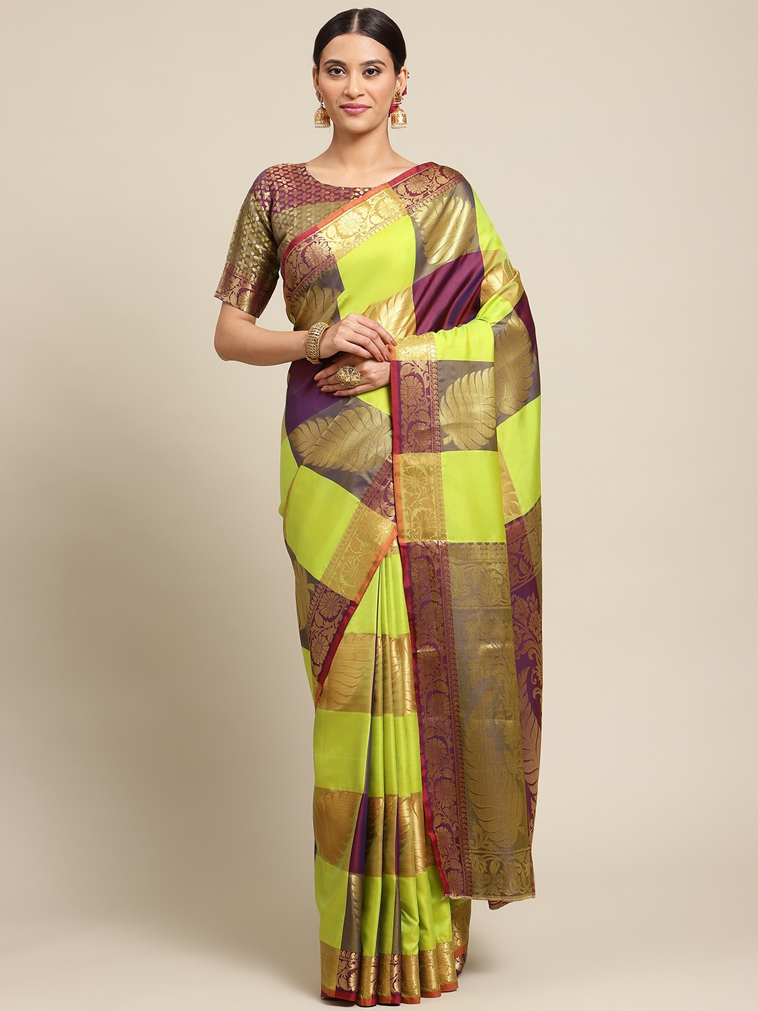 

Mitera Lime Green & Purple Ethnic Motif Woven Design Silk Blend Kanjeevaram Saree