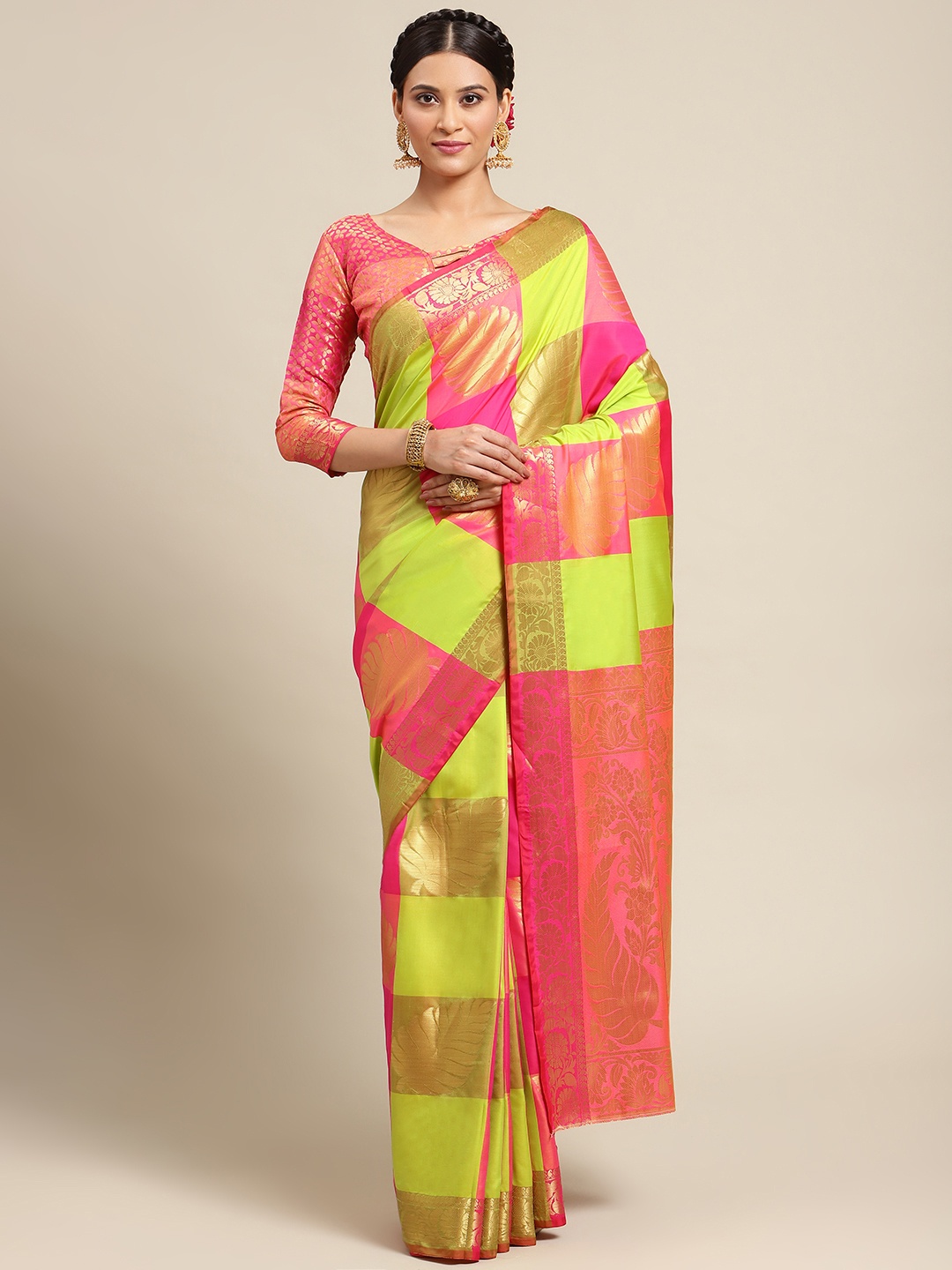 

Mitera Lime Green & Pink Ethnic Motif Woven Design Silk Blend Banarasi Saree