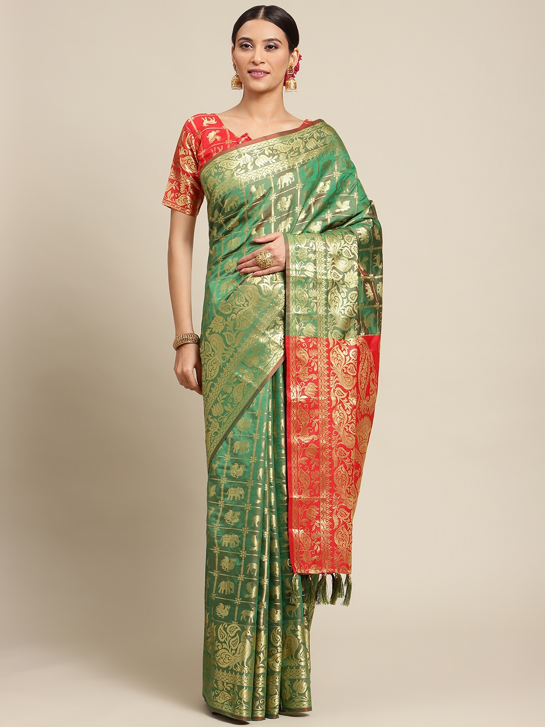 

Mitera Olive Green & Red Ethnic Motif Woven Design Silk Blend Banarasi Saree