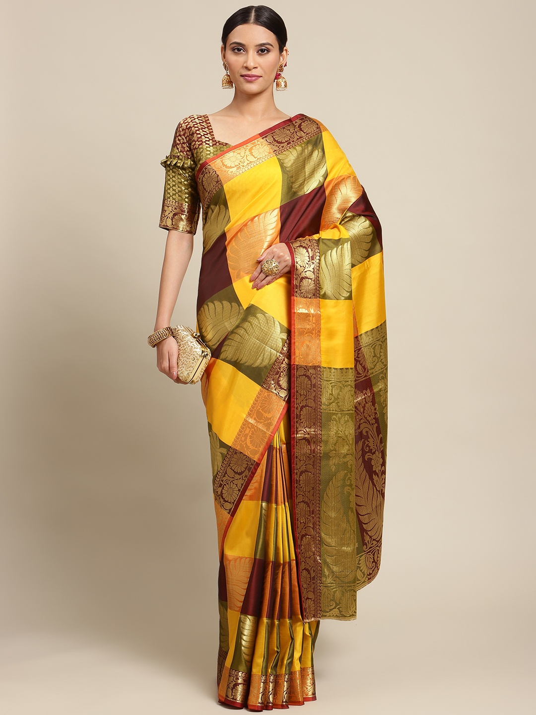 

Mitera Yellow & Maroon Ethnic Motif Woven Design Silk Blend Patola Saree