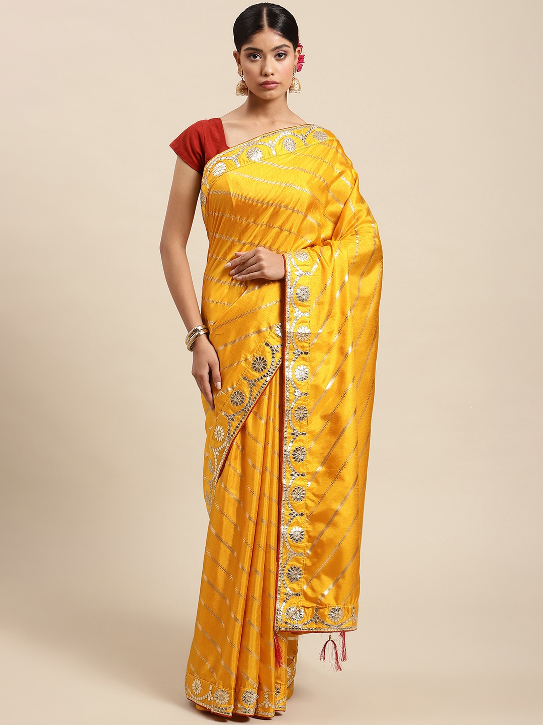 

SWADHA FASHIONS Yellow & Gold Gotta Patti Art Silk Heavy Work Kota Saree