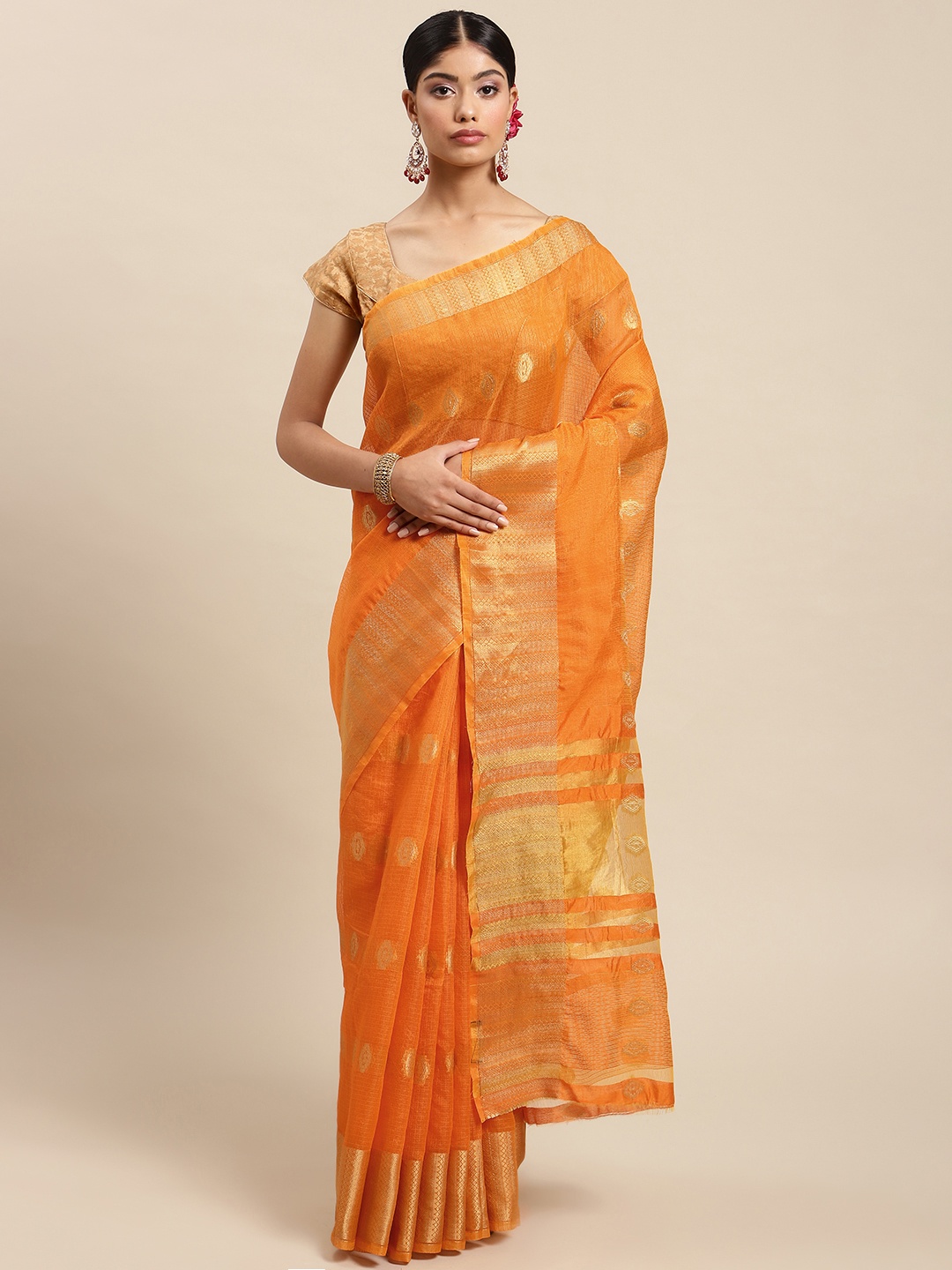 

SWADHA FASHIONS Yellow & Gold Ethnic Motifs Zari Pure Cotton Saree