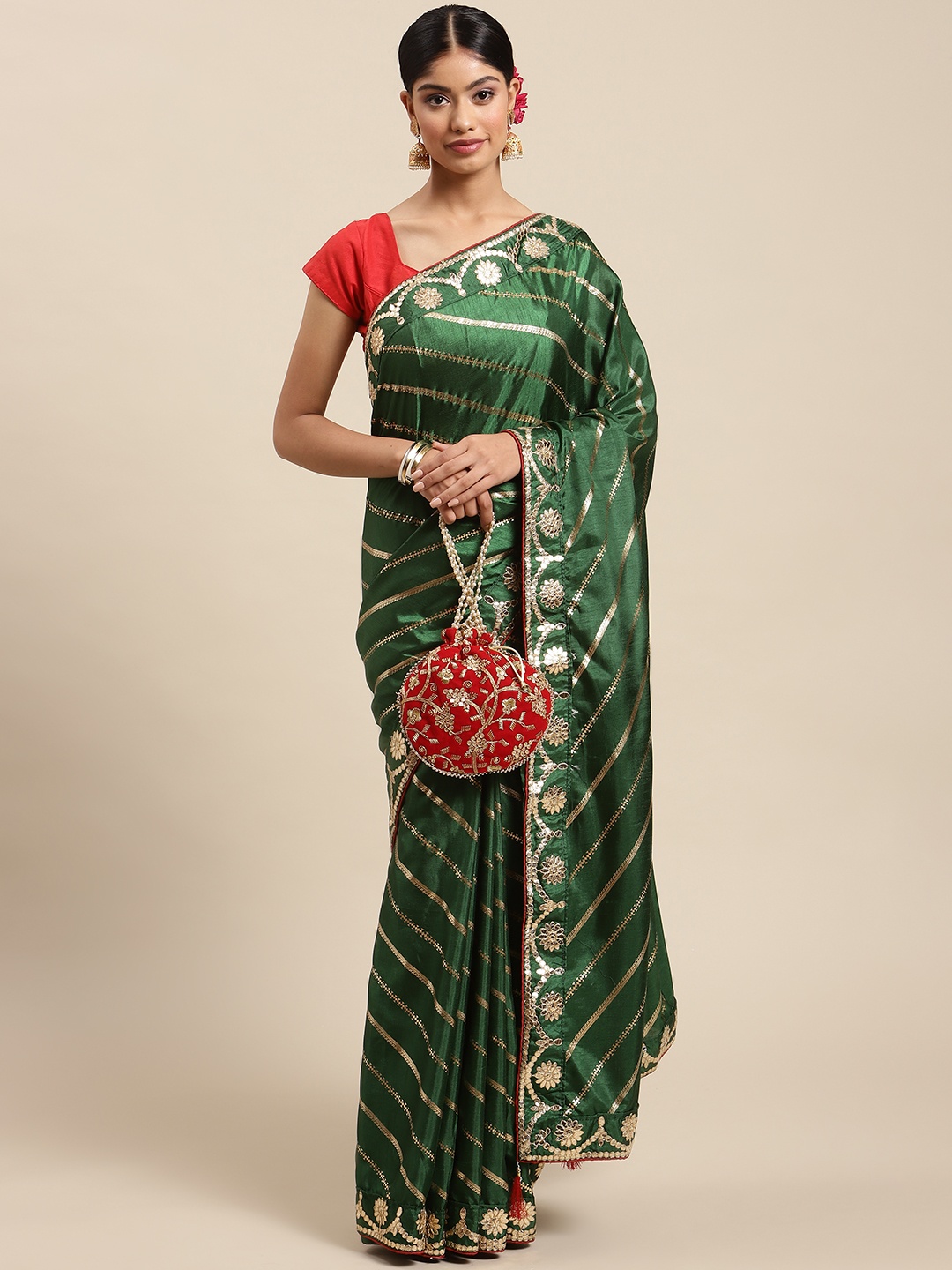 

SWADHA FASHIONS Green & Gold Striped Gotta Patti Art Silk Kota Saree