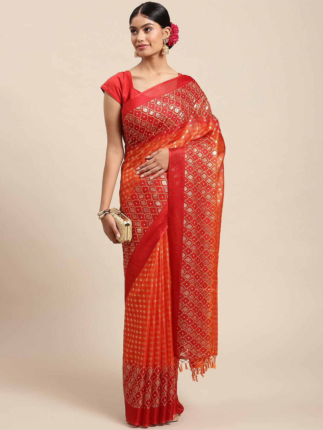 

SWADHA FASHIONS Orange & Red Bandhani Printed Saree