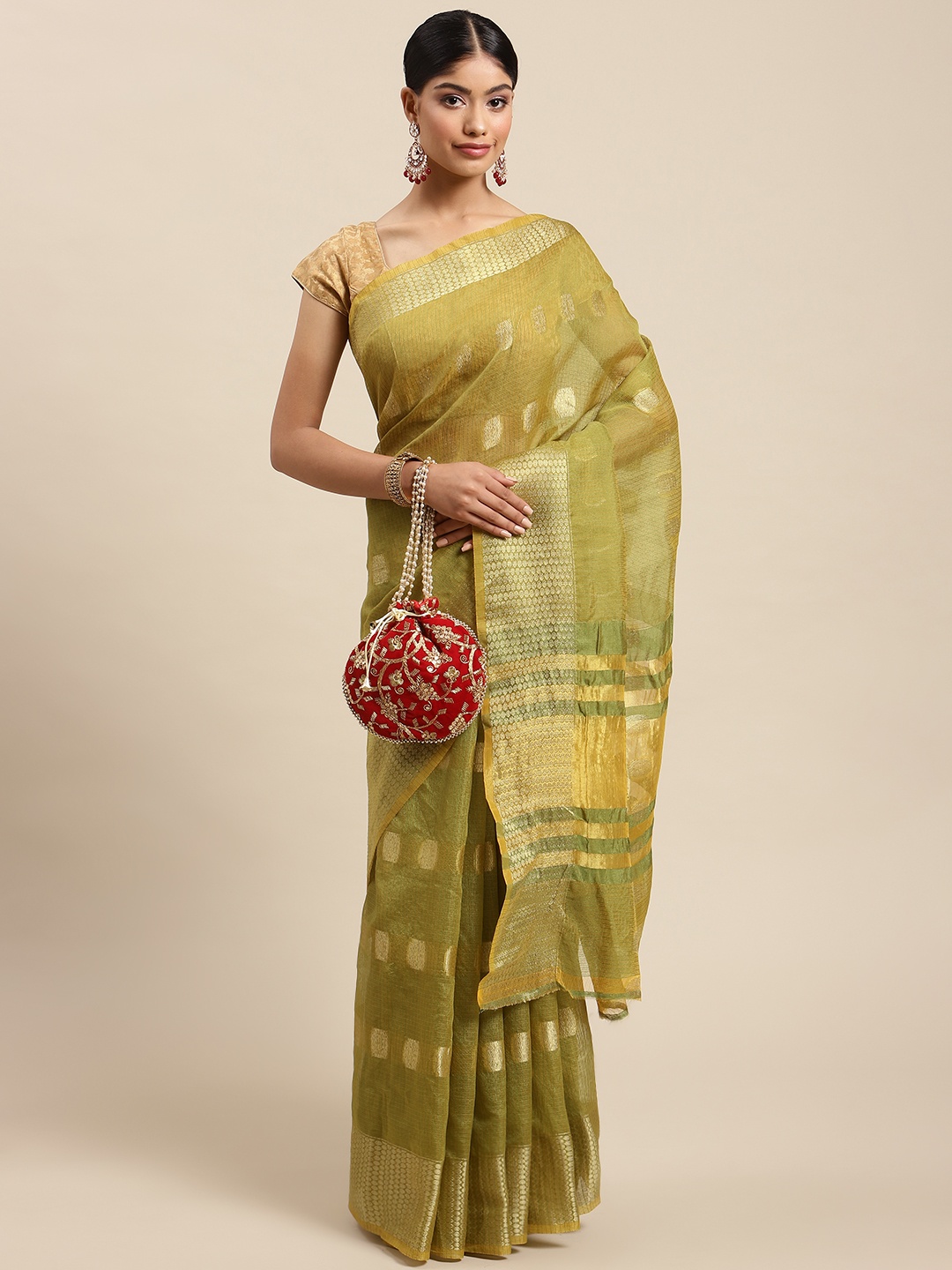

SWADHA FASHIONS Olive Green Ethnic Woven Design Zari Pure Cotton Saree