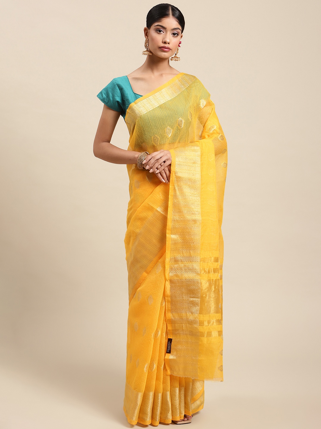 

SWADHA FASHIONS Yellow Ethnic Design Zari Pure Cotton Saree