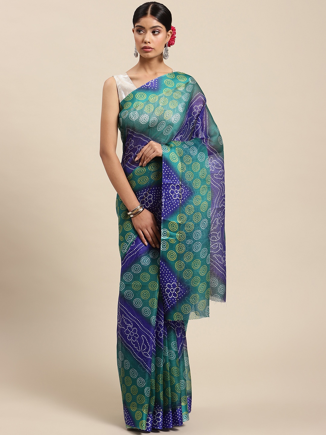 

SWADHA FASHIONS Purple & Green Bandhani Print Saree